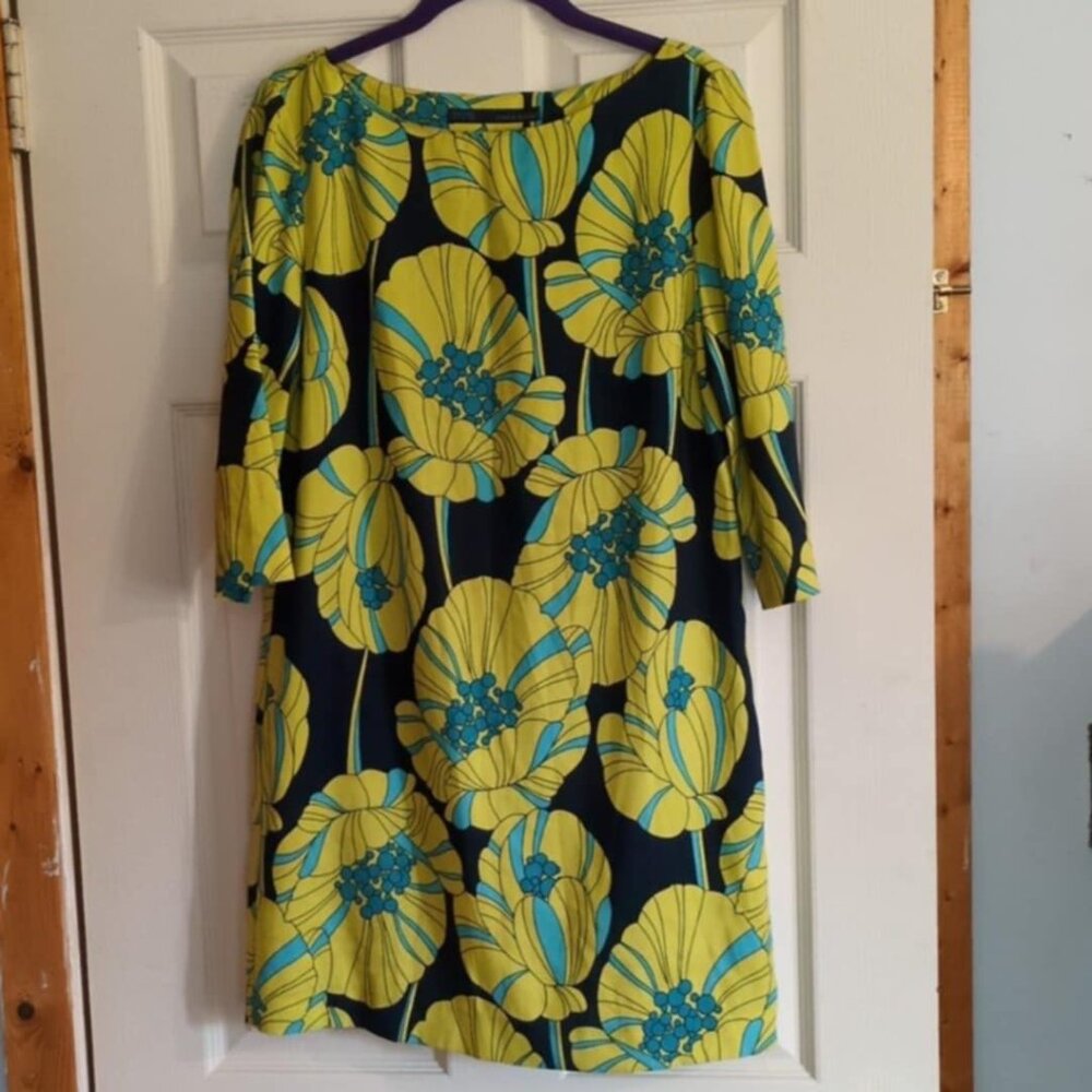 Zara Basic Shift Dress Size Small Retro 1970's Groovy Floral Green Hippie 1960's